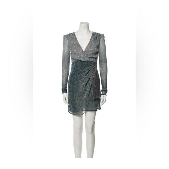 PatBO Silver Asymmetrical Wrap Dress with Bishop Sleeves SZ XS (0) - Picture 5 of 14